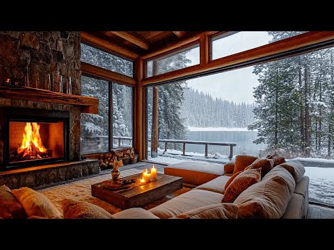 Soothing Piano Music & Fireplace Sounds in a Snow Fall Day ❄️ Cozy Living Room for Deep Relaxation