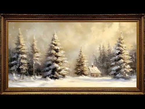 Home Beneath the Snow Pines, Vintage Oil Painting | Christmas Framed TV Art Screensaver with Music
