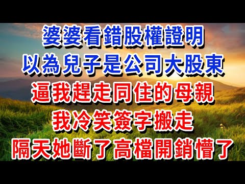 婆婆看錯股權證明,以為兒子是公司大股東,逼我趕走同住的母親,我冷笑簽字搬走,隔天她斷了高檔開銷懵了!