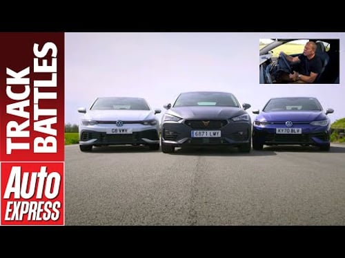 VW Golf R vs Golf GTI Clubsport vs Cupra Leon 300: Steve Sutcliffe track battle | Auto Express