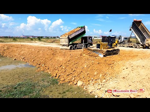 Nicely Complete Land Filling! By Skills komatsu Dozer Pushing Soil And Dump Truck Dumping Soil